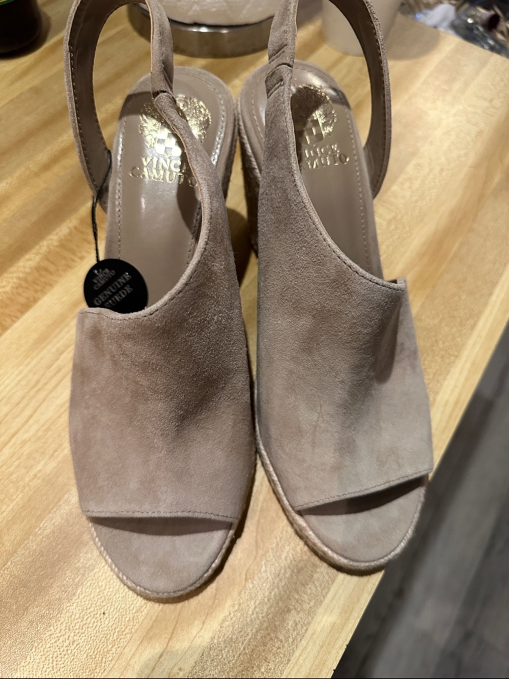 Vince Camuto Taupe Suede Peep-Toe Slingback Wedges